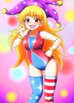  american_flag_legwear blonde_hair bracelet clownpiece competition_swimsuit d-m_(dii_emu) fairy_wings hand_on_hip hat highres jester_cap jewelry light_particles long_hair one-piece_swimsuit print_legwear purple_background red_eyes red_swimsuit solo striped striped_legwear swimsuit thighhighs touhou very_long_hair wings 