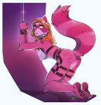  2018 4_toes anthro bdsm biped blue_eyes bondage bound breasts brown_hair butt claws female fur hair harness heterochromia hihikori kneeling looking_back mammal multicolored_fur nude orange_hair pink_fur pink_tail procyonid raccoon raised_tail signature simple_background solo striped_tail stripes toes whip_marks white_background white_breasts white_eyes white_fur 