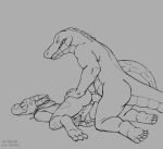  3_toes 5_toes alligator anal anal_penetration animated anthro anus butt claws crocodilian dragon duo erection from_behind_position greyscale klongi male male/male monochrome penetration penis reptile scalie sex toe_claws toes 