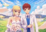  1girl ahoge artoria_pendragon_(all) blue_vest bouquet bow braid brown_eyes choker commentary dress elbow_gloves emiya_shirou excalibur fate/stay_night fate_(series) fateline_alpha flower formal gloves hair_bow husband_and_wife locked_arms red_hair saber short_hair smile suit vest wedding_dress white_bow white_suit 