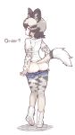  african_wild_dog_(kemono_friends) african_wild_dog_print animal_ears ass boots commentary denim denim_shorts dog_ears dog_tail english extra_ears eyebrows_visible_through_hair from_behind full_body highres kemono_friends long_sleeves looking_at_viewer looking_back multicolored multicolored_clothes multicolored_hair multicolored_legwear pantyhose pantyhose_pull paw_boots print_legwear print_shirt pulled_by_self shirt short_over_long_sleeves short_sleeves shorts shorts_pull solo tail tanaka_kusao tongue tongue_out twitter_username white_background white_footwear 