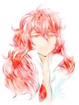  androgynous artist_name dong_hyun_lee gem highres houseki_no_kuni long_hair looking_at_viewer open_clothes open_shirt orange_eyes padparadscha_(houseki_no_kuni) red_eyes red_hair signature smile solo upper_body vivaclap wavy_hair white_background 