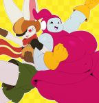  anthro belly big_belly big_breasts breasts clothing dragon_ball dragon_ball_super eyelashes female gloves hat hi_res lagomorph mammal open_mouth overweight rabbit red_eyes ribrianne scarf shorts simple_background sorrel_(dragon_ball) sssonic2 thick_thighs yellow_background 