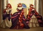  anthro armwear ballroom_gown big_breasts black_hair braided_hair breasts cleavage clothed clothing dress elbow_gloves female gloves gown group hair horn huge_breasts long_hair pigtails pose red_eyes red_hair reptile scalie snake toughset two_tone 