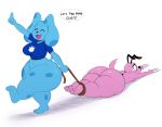  2018 3_toes anthro big_breasts big_butt blue&#039;s_clues blue_(blue&#039;s_clues) bottomless breasts butt canine cartoon_network clothed clothing courage courage_the_cowardly_dog crossgender crossover dialogue digital_media_(artwork) dog duo english_text eyes_closed female hi_res huge_butt huge_thighs mammal open_mouth shirt simple_background sssonic2 text thick_thighs toes white_background 
