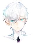  androgynous antarcticite artist_name blue_eyes dong_hyun_lee eyes_visible_through_hair face gem_uniform_(houseki_no_kuni) hair_over_one_eye highres houseki_no_kuni looking_at_viewer necktie short_hair signature solo vivaclap white_background white_hair 