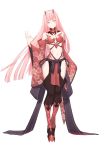  bare_shoulders boots breasts cleavage darling_in_the_franxx detached_collar floral_print full_body green_eyes hairband horns long_hair looking_at_viewer medium_breasts midriff monster_hunter monster_hunter:_world navel odogaron_(armor) pelvic_curtain pink_hair sash simple_background smile solo white_background wide_sleeves xion32 zero_two_(darling_in_the_franxx) 