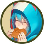  animal_hood closed_eyes doraemon doraemon_(character) dorayaki eating eyebrows_visible_through_hair face food frame go_robots hair_between_eyes happy holding holding_food hood hood_up personification smile solo wagashi 