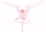  ankle_strap artist_name brown_hair buruburu18 cardcaptor_sakura dress feathered_wings floating_hair full_body hair_ribbon hoshi_no_tsue kinomoto_sakura petticoat pink_ribbon ribbon short_hair single_thighhigh solo star thigh_strap thighhighs twitter_username wand white_background white_dress white_footwear white_legwear white_wings wings 