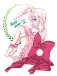  2018 animal_ears ankle_garter artist_name bangs bare_arms bare_shoulders blue_eyes blush bow braid breasts bunny_ears bunny_girl bunny_tail closed_mouth commentary dress eyebrows_visible_through_hair happy_easter heart long_hair looking_at_viewer looking_back low_ponytail medium_breasts natsumii_chan original pink_bow pink_dress ponytail puffy_short_sleeves puffy_sleeves short_sleeves single_braid smile solo strapless strapless_dress tail very_long_hair white_background 
