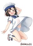  black_hair blue_sailor_collar brown_eyes brown_hair daitou_(kantai_collection) dress ebifurya hat highres kantai_collection kneehighs looking_at_viewer navel open_mouth panties sailor_collar sailor_dress sailor_hat shoes short_hair short_sleeves simple_background smile solo twitter_username underwear upper_teeth upskirt uwabaki white_background white_hat white_legwear white_panties 