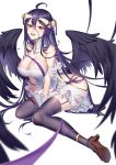  absurdres albedo anklet bare_shoulders between_legs black_hair black_wings boku_koyuki_mx breasts cleavage demon_girl demon_horns demon_wings detached_collar dress fangs feathered_wings feathers frilled_dress frilled_gloves frills garter_straps gloves hair_between_eyes hand_between_legs high_heels highres horns jewelry large_breasts long_hair looking_at_viewer low_wings open_mouth overlord_(maruyama) sitting skirt slit_pupils solo strapless strapless_dress thighhighs tongue white_gloves wings yellow_eyes 