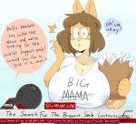  2018 anthro bag big_breasts blue_eyes bone breasts brown_hair canine cleavage clothed clothing dialogue dog english_text female hair hi_res jinu june_(jinu) looking_at_viewer mammal microphone nipple_bulge shiba_inu short_hair text unseen_character 