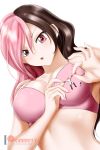  1girl :o alfred_cullado blush bra breasts brown_eyes brown_hair coat commentary giantess hat hetero heterochromia highres long_hair medium_breasts multicolored_hair neo_(rwby) open_mouth orange_hair outstretched_arms pants pink_bra pink_eyes pink_hair roman_torchwick rwby simple_background size_difference spread_arms two-tone_hair underwear upper_body watermark 