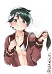  :d black_neckwear blush breasts brown_sailor_collar collarbone ebifurya green_eyes green_hair grin highres kantai_collection long_sleeves looking_at_viewer mogami_(kantai_collection) neckerchief no_bra open_clothes open_mouth open_shirt red_shirt sailor_collar school_uniform serafuku shirt short_hair simple_background small_breasts smile solo steaming_body sweat teeth twitter_username underboob undone_neckerchief undressing untied upper_body white_background 