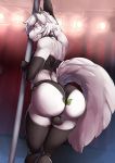  2018 anthro balls big_butt butt canine clothed clothing digital_media_(artwork) fur girly hair hi_res legwear looking_at_viewer looking_back male mammal penis presenting presenting_hindquarters rear_view smile solo thigh_highs twinkle-sez underwear wolf 