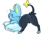  2018 anus big_ears black_fur blue_fur blush butt charrcoal cheek_tuft feline female feral fur hand_on_face mammal nintendo pillow pink_nose pok&eacute;mon pok&eacute;mon_(species) presenting presenting_hindquarters pussy rear_view shinx shy simple_background solo tongue tongue_out tuft video_games white_background 
