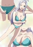  1girl adjusting_swimsuit arm_up armpits ass bare_arms bare_legs bare_shoulders bikini blue_eyes blush breast_hold breasts cleavage close-up closed_mouth dimples_of_venus erect_nipples fairy_tail green_bikini hands_on_own_chest happy highres katekin_koubou large_breasts legs long_hair looking_at_viewer mirajane_strauss navel o-ring_bikini o-ring_swimsuit one_eye_closed open_mouth pussy_juice silver_hair simple_background smile standing thighs wet wink 