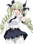  anchovy anzio_school_uniform bad_id bad_twitter_id bangs belt black_belt black_neckwear black_ribbon black_skirt commentary cowboy_shot dress_shirt drill_hair eyebrows_visible_through_hair foreshortening girls_und_panzer gorua_(youce01) green_hair hair_ribbon hand_on_hip holding long_hair long_sleeves looking_at_viewer miniskirt necktie open_mouth panties panties_under_pantyhose pantyhose pleated_skirt red_eyes ribbon riding_crop school_uniform shirt simple_background skirt smile solo standing twin_drills twintails underwear white_background white_legwear white_shirt wing_collar 