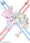  1girl :d absurdres artist_name bag clothes_writing darling_in_the_franxx dated gorgeous_mushroom grocery_bag highres hiro_(darling_in_the_franxx) holding_hands horns jacket limited_palette long_hair looking_at_another md5_mismatch one_eye_closed open_clothes open_jacket open_mouth pants shirt shoes shopping_bag shorts smile sweatdrop walking zero_two_(darling_in_the_franxx) 