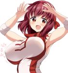  :d armpits arms_up bangs bouncing_breasts breasts brown_eyes brown_hair commentary_request elbow_pads eyebrows_visible_through_hair girls_und_panzer gorua_(youce01) kondou_taeko large_breasts looking_at_viewer open_mouth red_headband red_shirt shirt short_hair sleeveless sleeveless_shirt smile solo sportswear standing upper_body volleyball_uniform 