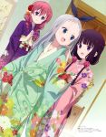  2girls :3 absurdres ajiki_kei amano_miu bangs black_hair black_ribbon blend_s blue_eyes blunt_bangs blush braid dressing dressing_another floral_print flower green_kimono hair_flower hair_ornament hair_ribbon hair_scrunchie hand_on_another's_shoulder hands_together highres indoors japanese_clothes kanzaki_hideri kimono leaf_print light_blue_eyes long_hair megami_deluxe multiple_girls nail_polish obi official_art open_mouth orange_flower otoko_no_ko painting_(object) pink_flower pink_hair pink_kimono pink_lips pink_nails print_kimono print_obi purple_eyes purple_kimono red_flower ribbon sakuranomiya_maika sash scrunchie silver_hair smile standing twin_braids yellow_scrunchie 