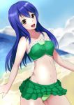  1girl bare_arms bare_legs bare_shoulders beach bikini blue_hair breasts clouds cloudy_sky cowboy_shot fairy_tail green_swimsuit groin hair_between_eyes happy highres katekin_koubou legs long_hair looking_at_viewer medium_breasts midriff navel ocean open_mouth outdoors sand sky smile solo standing swimsuit thighs water wendy_marvell yellow_eyes 