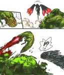 ... blue_eyes comic commentary_request deviljho dinosaur dragon energy_beam flying highres looking_at_another monster_hunter monster_hunter_xx nameo_(judgemasterkou) no_humans outdoors red_eyes scales sharp_teeth silent_comic spoken_ellipsis sweatdrop teeth tree valstrax 