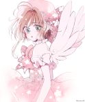  antenna_hair aqua_eyes bow brown_hair buruburu18 cardcaptor_sakura dress from_side hat kinomoto_sakura pink_bow pink_dress pink_hat puffy_short_sleeves puffy_sleeves short_hair short_sleeves solo turning_head white_background white_bow white_wings wings 