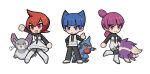  1boy 2girls :d bangs blue_eyes blue_hair blunt_bangs boots chibi closed_mouth commentary_request furosushi hand_up highres jupiter_(pokemon) leg_up mars_(pokemon) multiple_girls open_mouth pokemon pokemon_(creature) pokemon_(game) pokemon_dppt purple_hair purugly saturn_(pokemon) short_hair skuntank smile standing team_galactic team_galactic_uniform toxicroak white_footwear 