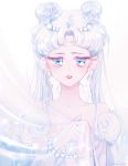  artist_name bangs bare_shoulders bishoujo_senshi_sailor_moon blue_eyes bracelet buruburu18 collarbone crescent curtains detached_sleeves double_bun earrings facial_mark flower forehead_mark hair_flower hair_ornament hairclip half-closed_eyes highres jewelry lipstick long_hair makeup parted_bangs parted_lips pearl pink_lips pink_lipstick princess_serenity puffy_short_sleeves puffy_sleeves rose see-through short_sleeves silver_hair solo tsukino_usagi twintails twitter_username upper_body 