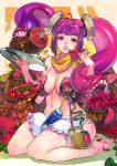  apron bad_anatomy bangs barefoot barrel basket blush boned_meat breasts cleavage drinking_straw extra_mouth f.s. flower food fruit full_body living_hair long_hair looking_at_viewer meat medium_breasts monster_girl naked_apron navel parted_lips pepper purple_hair sitting soles solo tentacle_hair toes tongue tongue_out tray wariza watermelon yellow_neckwear 