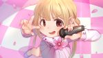  absurdres blonde_hair blush brown_eyes eyebrows_visible_through_hair flower futaba_anzu highres holding holding_microphone idolmaster idolmaster_cinderella_girls kamille_(vcx68) kira!_mankai_smile long_hair long_sleeves looking_at_viewer microphone open_mouth pink_skirt skirt smile solo twintails v v_over_eye 
