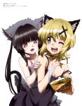  ;d absurdres akatsuki_kirika animal_ears bare_shoulders bell bell_collar black_dress black_hair blonde_hair blush breasts cat_ears cat_tail chopsticks collar dog_ears dress eyebrows_visible_through_hair fang food_request green_eyes hair_ornament halloween highres holding holding_chopsticks long_hair looking_at_another medium_breasts megami_deluxe multiple_girls official_art one_eye_closed open_mouth pink_eyes pumpkin senki_zesshou_symphogear shiny shiny_hair short_hair simple_background sleeveless sleeveless_dress smile star strap_slip tail teeth toshima_akikazu tsukuyomi_shirabe twintails upper_body white_background x_hair_ornament 