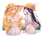  2girls alternate_costume bare_shoulders black_hair blonde_hair blue_eyes breasts clorinde_(genshin_impact) commentary dress drill_hair drill_sidelocks emi_(emiaegi) genshin_impact grin hat highres jewelry looking_at_another multiple_girls navia_(genshin_impact) necklace off-shoulder_dress off_shoulder red_lips shirt short_sleeves sidelocks skirt skirt_set small_breasts smile sun_hat white_dress white_shirt white_skirt 