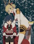  1boy 1girl aegis_(persona) aged_down android animal_ears antlers bell blonde_hair blue_eyes blue_hair bow cake cape closed_mouth deer_ears deer_tail elulit2 fake_animal_ears fake_antlers food formal fur-trimmed_cape fur_trim hair_between_eyes hairband headphones highres holly jingle_bell joints leaning_forward looking_at_viewer open_mouth persona persona_3 red_cape reindeer_antlers robot_joints short_hair shorts smile strawberry_shortcake tail yuuki_makoto 
