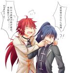  !? 2boys blue_hair chinese_clothes crying earrings green_eyes highres jewelry ko-ra long_hair male_focus multiple_boys one_eye_closed open_mouth pointy_ears red_hair simple_background spiritpact teeth white_background yang_jinghua yinzhe 