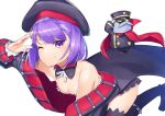  automaton_(object) bare_shoulders black_hat black_legwear breasts colonel_olcott_(fate/grand_order) commentary_request dabuki detached_collar doll dress fate/grand_order fate_(series) hat helena_blavatsky_(fate/grand_order) highres jacket looking_at_viewer one_eye_closed purple_eyes purple_hair salute short_hair simple_background small_breasts solo strapless strapless_dress thighhighs tree_of_life white_background 