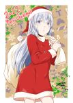  1girl 2022 artist_name blue_eyes christmas cowboy_shot dated dog_tags dress english_text fur-trimmed_dress fur-trimmed_headwear fur_trim grey_hair hat hibiki_(kancolle) highres holding holding_sack kantai_collection long_hair long_sleeves merry_christmas over_shoulder parted_lips red_dress sack santa_dress santa_hat signature solo standing yua_(checkmate) 