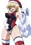  1girl akatsuki_kirika blonde_hair blush breasts cameltoe commentary_request covered_navel covered_nipples elbow_gloves gloves green_eyes hat highres large_breasts leotard looking_at_viewer red_leotard santa_hat senki_zesshou_symphogear shiny_skin short_hair simple_background skindentation smile solo standing striped striped_thighhighs tappa_(esperanza) thighhighs tongue tongue_out white_background 