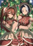  2girls animal_ears black_hair blue_eyes brown_dress brown_eyes brown_hair christmas christmas_ornaments christmas_tree closed_mouth clothing_cutout collar commentary cosplay dress frilled_collar frilled_sleeves frills grey_dress half-closed_eyes hand_on_own_arm headdress highres horse_ears horse_girl kamikumo_(km_kamikumo) layered_dress lolita_fashion long_hair long_sleeves looking_at_viewer mejiro_bright_(starry_snow_lolita)_(umamusume) mejiro_bright_(umamusume) mejiro_bright_(umamusume)_(cosplay) mejiro_ramonu_(umamusume) multicolored_hair multiple_girls night official_alternate_costume official_alternate_hairstyle own_hands_together short_hair shoulder_cutout side-by-side smile standing twintails two-tone_dress two-tone_hair umamusume white_hair 