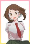  absurdres arms_behind_back blouse blush boku_no_hero_academia breasts brown_eyes brown_hair green_skirt highres large_breasts looking_at_viewer necktie open_mouth pleated_skirt school_uniform shirt short_hair simple_background skirt smile ughama uraraka_ochako white_background white_shirt wind wind_lift 