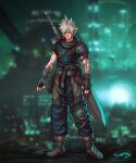  1boy alternate_costume arm_belt armor artist_name bag baggy_pants bandaged_arm bandages belt belt_pouch blonde_hair blue_eyes blue_pants blue_shirt blurry blurry_background boots brown_footwear buckle buster_sword chainmail city city_lights closed_mouth cloud_strife earrings final_fantasy final_fantasy_vii final_fantasy_vii_remake fingerless_gloves full_body gloves greatsword guillem_dauden hair_over_one_eye highres jewelry knee_pads leg_belt looking_at_viewer medieval multiple_belts pants pauldrons pouch satchel shirt short_sleeves shoulder_armor single_knee_pad single_pauldron spiked_hair studded_gloves sword weapon weapon_on_back 