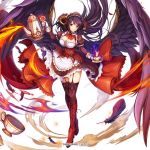  amon_(kami_project) artist_request black_hair black_wings blowing boots breasts bustier cleavage cleavage_cutout company_name cup demon_girl demon_horns dmm dust_cloud fire flowing_dress full_body garter_straps gloves high_heel_boots high_heels horns kami_project large_breasts maid official_art solo tea_kettle teacup thighhighs white_background wings yellow_eyes 