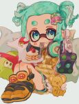  1girl aqua_hair blue_eyes cake cardcaptor_sakura closed_mouth commentary_request food full_body gun harmony_(splatoon) highres holding holding_gun holding_plate holding_weapon inkling inkling_girl kero latias medium_hair ochocho2828 pillow plate pointy_ears pokemon pokemon_(creature) short_twintails simple_background sitting smile splatoon_(series) splatoon_3 squid strawberry_shortcake stuffed_animal stuffed_toy teddy_bear tentacle_hair tetra_dualies_(splatoon) thick_eyebrows twintails utensil_in_mouth weapon white_background yellow_eyes 