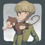  1boy animal_on_shoulder border bowl_cut brown_hair bubble_blowing bubble_monkey chewing_gum closed_mouth dated freckles from_behind green_eyes green_jacket grey_border highres jacket jeff_andonuts long_sleeves looking_back male_focus monkey mother_(game) mother_2 shifumame snowflakes upper_body 
