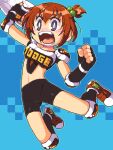  1girl armor ball bike_shorts blue_background breastplate bright_pupils clenched_hand dodgeball elbow_pads fingerless_gloves gloves hair_bobbles hair_ornament holding holding_ball honoo_no_toukyuujo:_dodge_danko ichigeki_danko jumping knee_pads kneehighs lillithlauda navel one_side_up open_mouth pixel_art purple_eyes red_footwear red_hair shoes short_hair shoulder_armor socks solo teeth white_pupils 