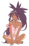  1girl :d alternate_costume arm_ribbon blush brown_eyes camisole collarbone commentary_request dark-skinned_female dark_skin eyelashes full_body green_nails happy highres iris_(pokemon) jewelry long_hair nail_polish open_mouth osg_pk panties pink_camisole pink_ribbon pokemon pokemon_bw2 ponytail purple_hair ribbon ring simple_background sitting smile solo teeth tiara tongue underwear white_background white_panties 