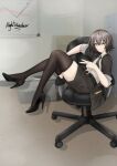  1girl absurdres artist_name black_jacket black_nails black_thighhighs brown_hair chair commentary_request full_body girls&#039;_frontline girls&#039;_frontline_2:_exilium hair_between_eyes high_heels highres jacket looking_at_viewer necktie nightwanderer98 office_chair one_eye_closed open_clothes open_jacket orange_eyes portuguese_commentary scar scar_across_eye scar_on_face shirt short_hair shorts sitting striped_necktie swivel_chair thighhighs ump45_(girls&#039;_frontline) v white_shirt 