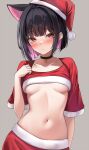 2023 blue_archive blush breasts choker christmas christmas_clothing christmas_headwear clothing female grey_background hat headgear headwear hi_res holidays jewelry kazusa_(blue_archive) marisasu_(marisa0904) navel necklace red_clothing red_eyes santa_hat simple_background solo under_boob
